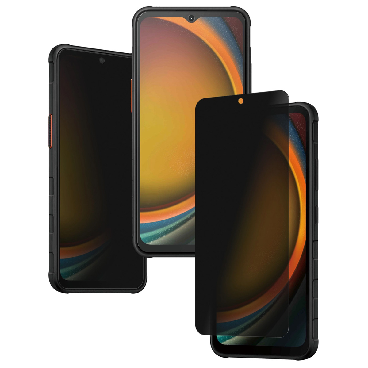 Trois smartphones avec écrans et coques noirs sont affichés. Un écran affiche un design abstrait orange et bleu.