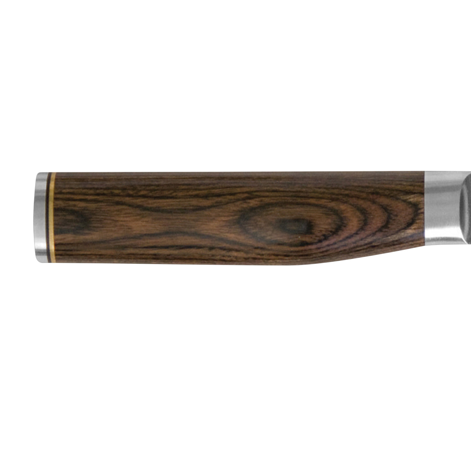 Primer plano de un mango de cuchillo. Es marrón veteado con un extremo metálico y un acento dorado.