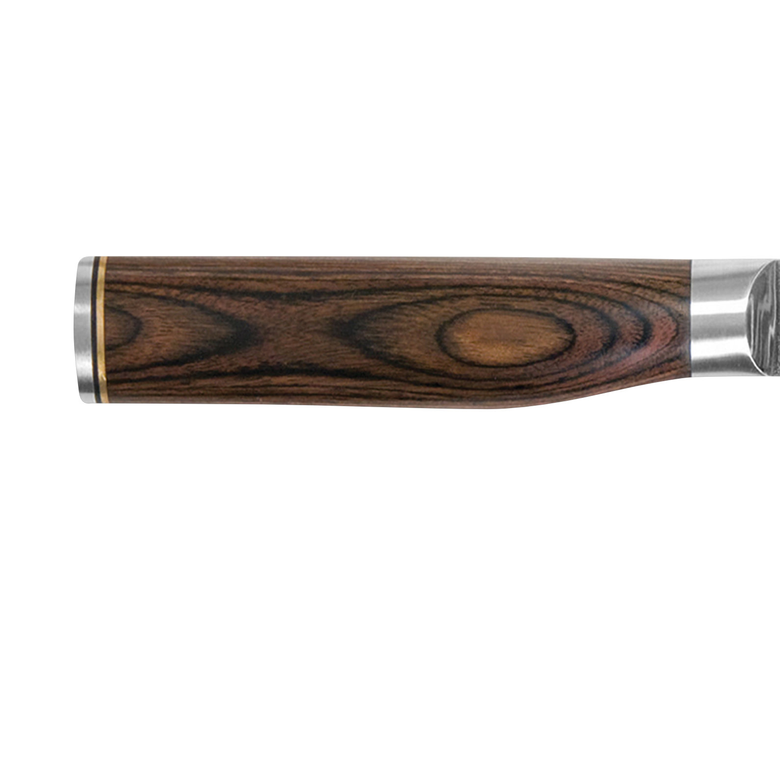 Primo piano di un manico di coltello. Il manico è marrone venato. La lama è argentata e lo sfondo è bianco.