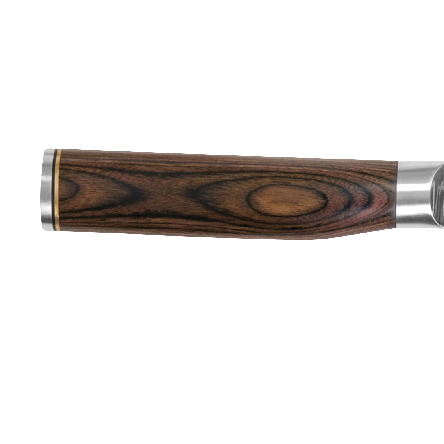 Nahaufnahme eines Messergriffs. Er ist aus Holz mit brauner und schwarzer Maserung. Am Ende befindet sich ein silbernes Metallstück.