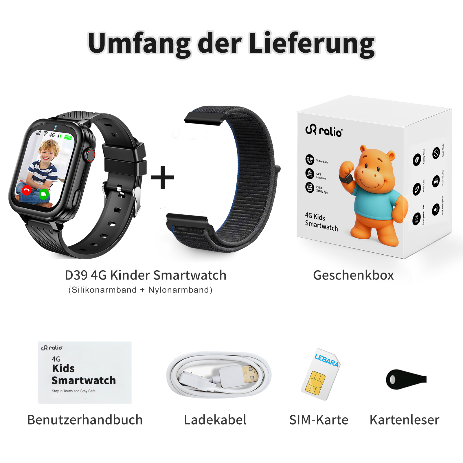 Eine schwarze Smartwatch, ein zusätzliches Armband, eine Box, ein Handbuch, ein Kabel, eine SIM-Karte und ein Kartenleser werden angezeigt.