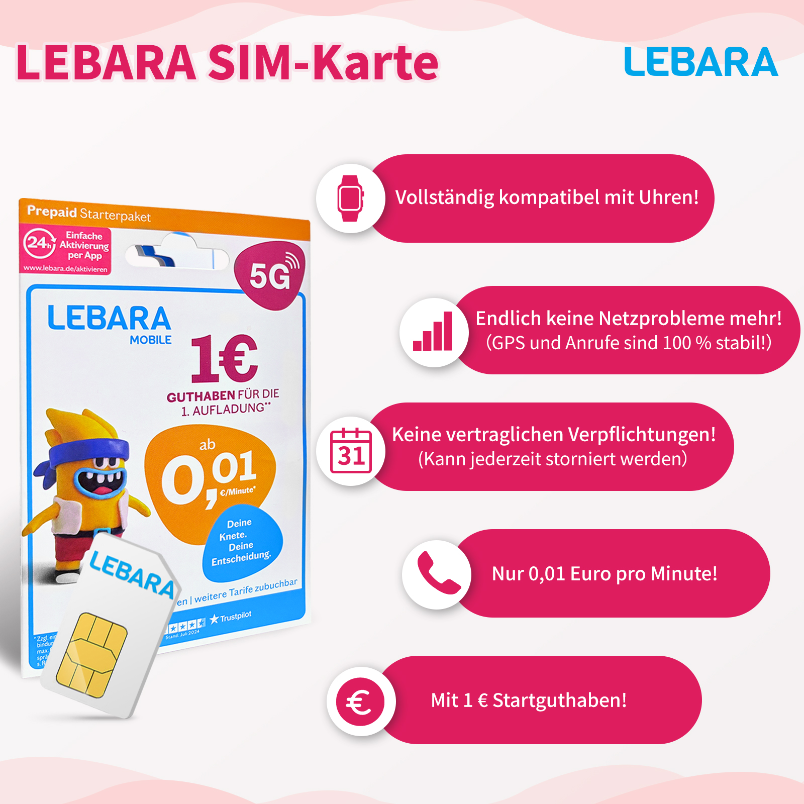 Lebara SIM-Kartenwerbung. Sie zeigt eine SIM-Karte, Details zu den Angeboten und Symbole mit Text auf Deutsch. 5G wird beworben.