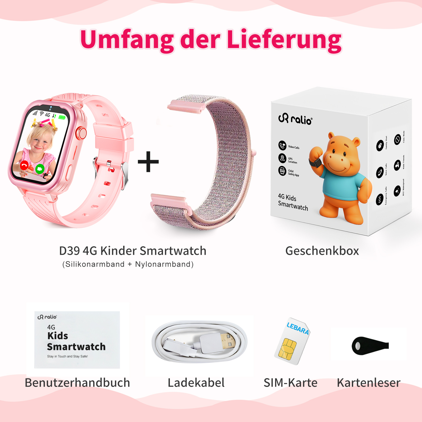 Eine rosa Smartwatch, ein Armband, eine Box mit einem Bären, eine Bedienungsanleitung, ein Ladegerät, eine SIM-Karte und ein Kartenleser werden gezeigt.