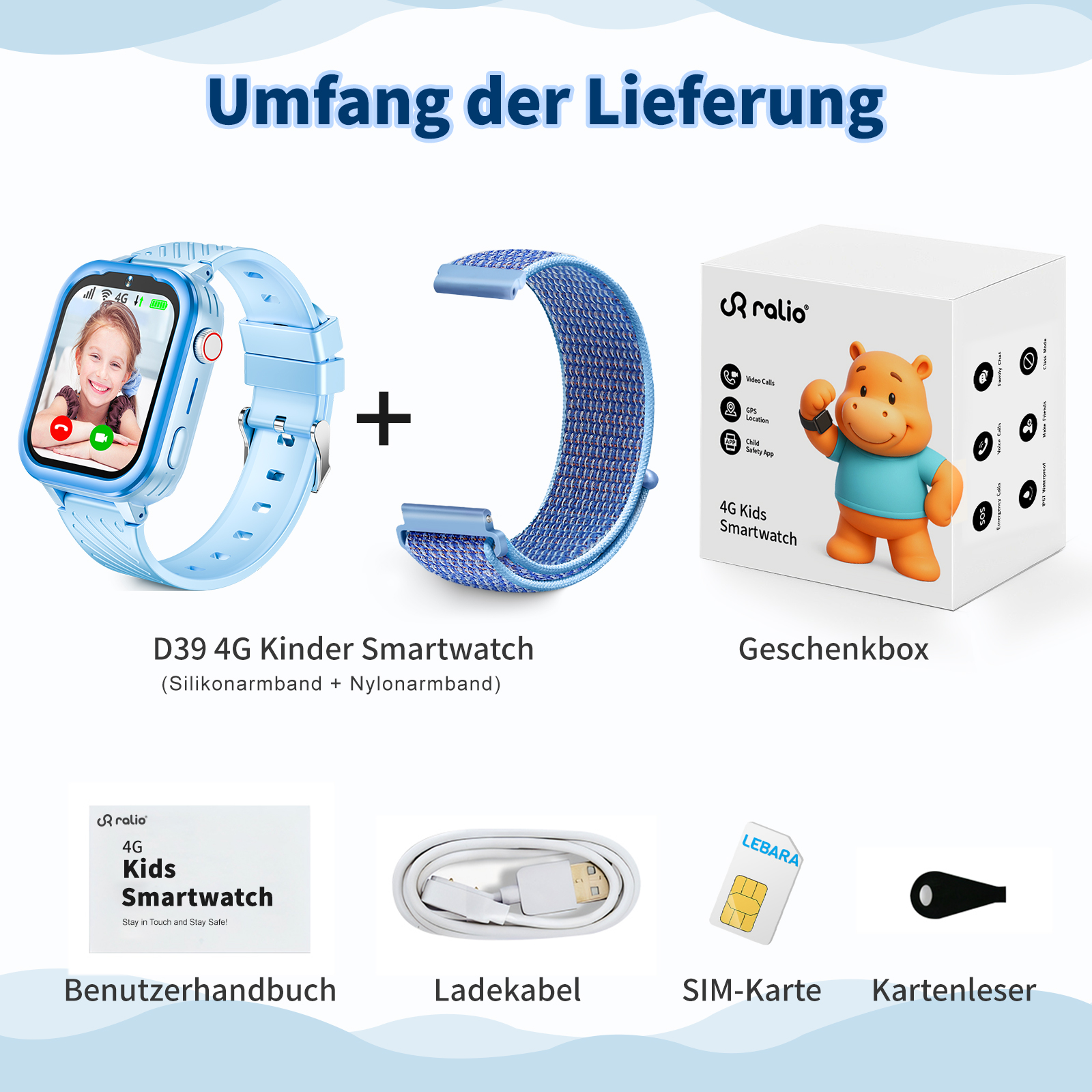 Das Bild zeigt eine Kinder-Smartwatch, ein zusätzliches Armband, eine Geschenkbox, ein Ladegerät, eine SIM-Karte und ein Handbuch.