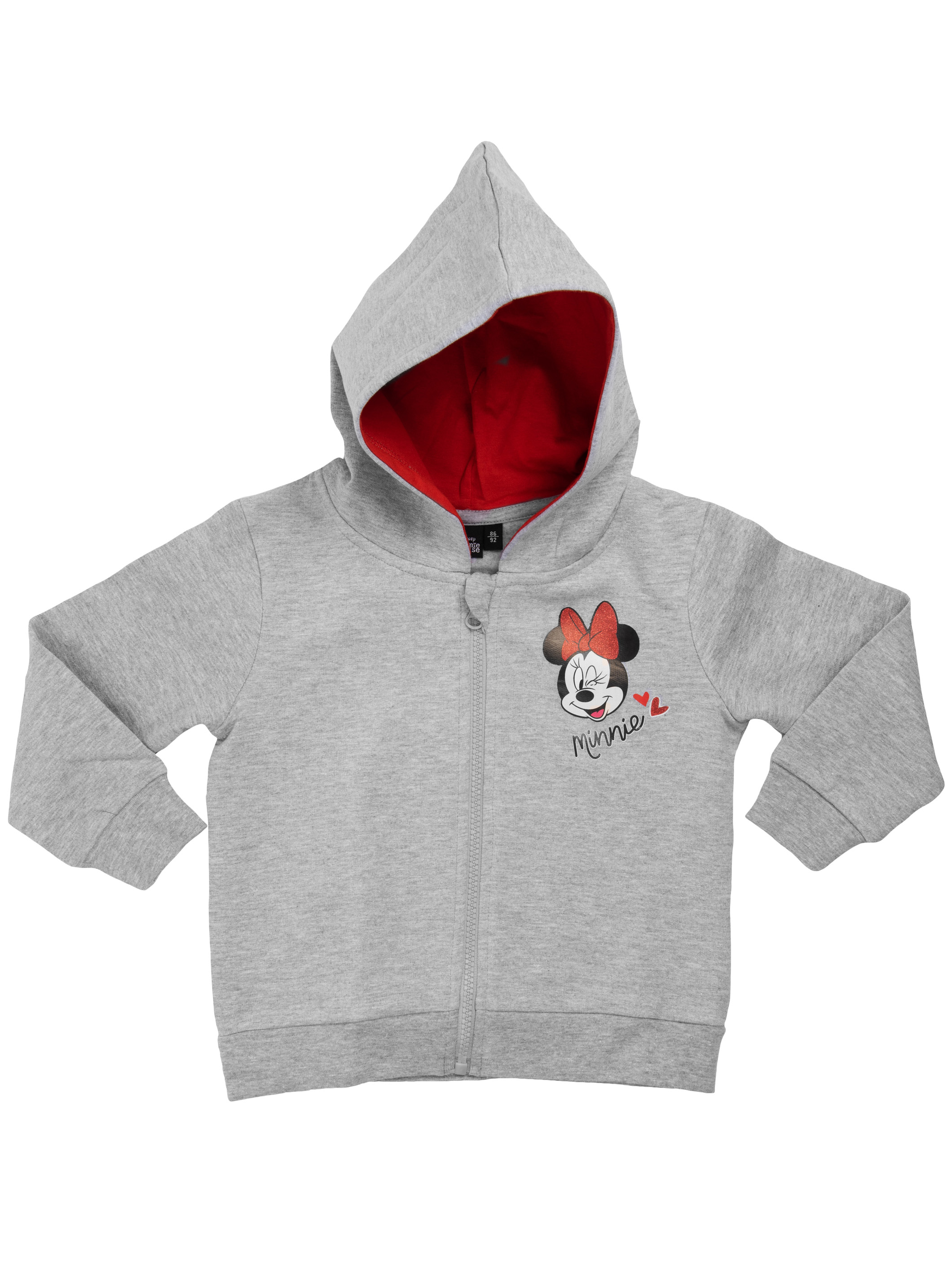 Grauer Kapuzenpullover mit roter Innenseite. Minnie Mouse-Grafik auf der Vorderseite. Die Kapuze ist oben.