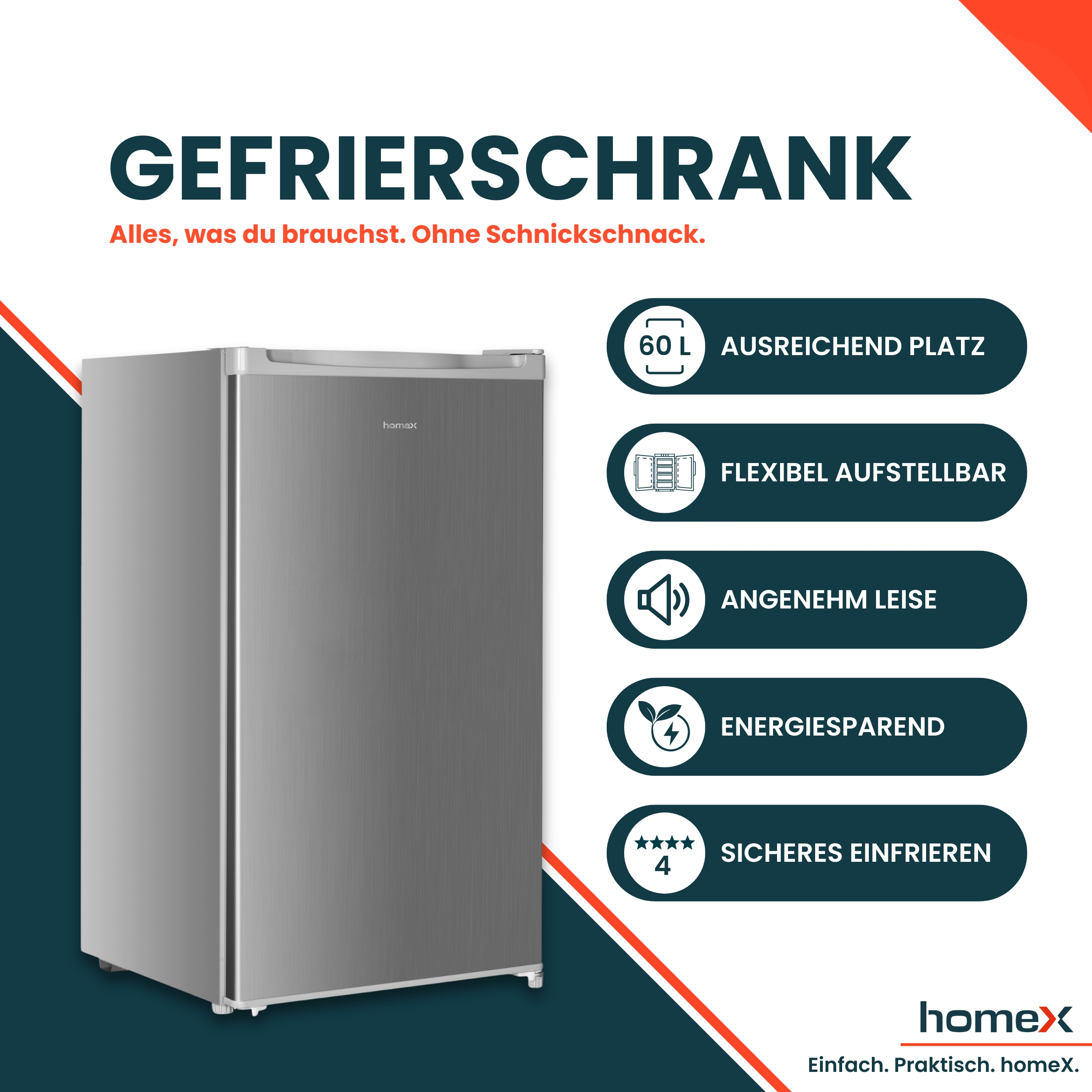 Ein silberner Gefrierschrank mit Text und Symbolen. Der Text lautet 'GEFRIERSCHRANK' und erwähnt Funktionen wie Energiesparen und sicheres Einfrieren.