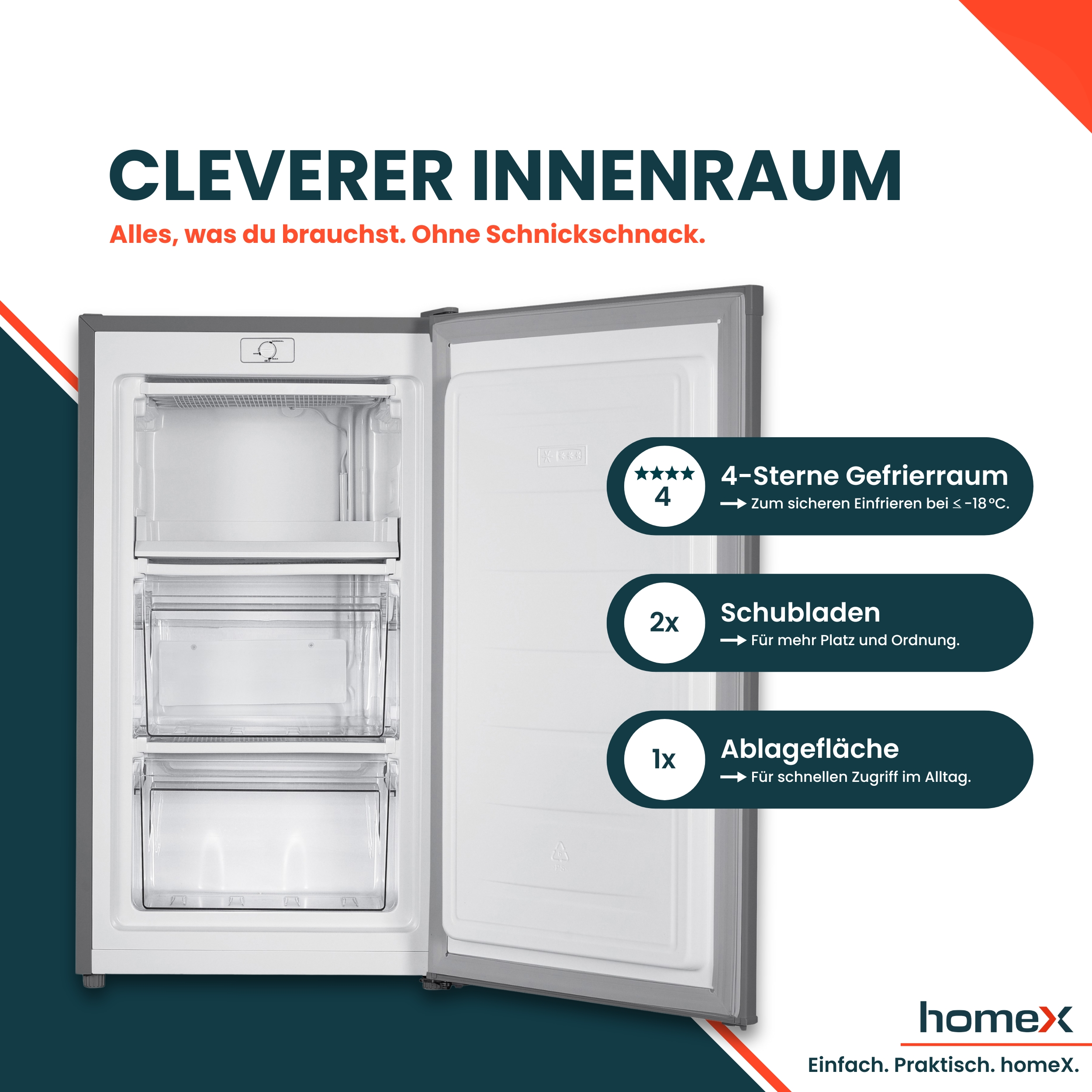 Offener Kühlschrank mit Regalen und Schubladen. Text: Cleverer Innenraum, 4-Sterne-Gefrierfach, Schubladen, Ablage.
