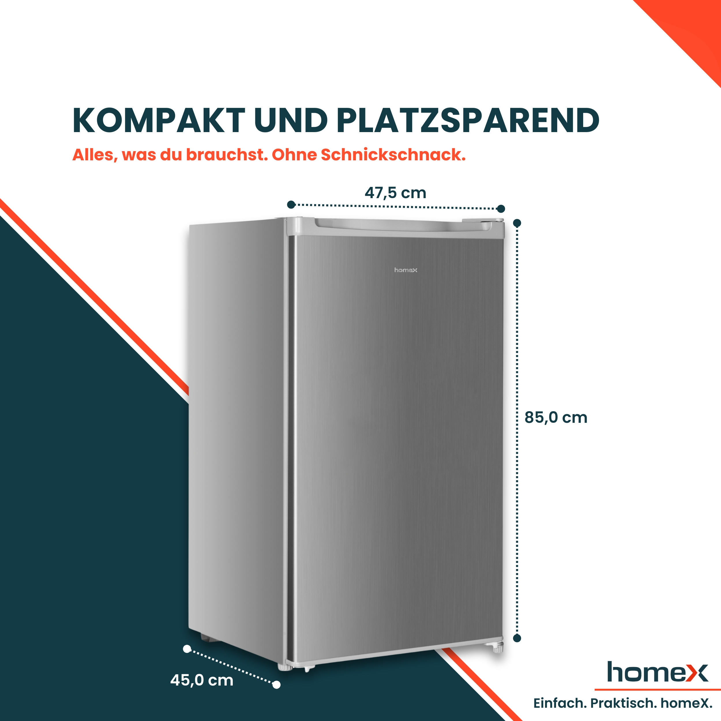 Ein silberner Kühlschrank mit Maßen. Text: 'Kompakt und platzsparend'. Die Marke ist homeX.