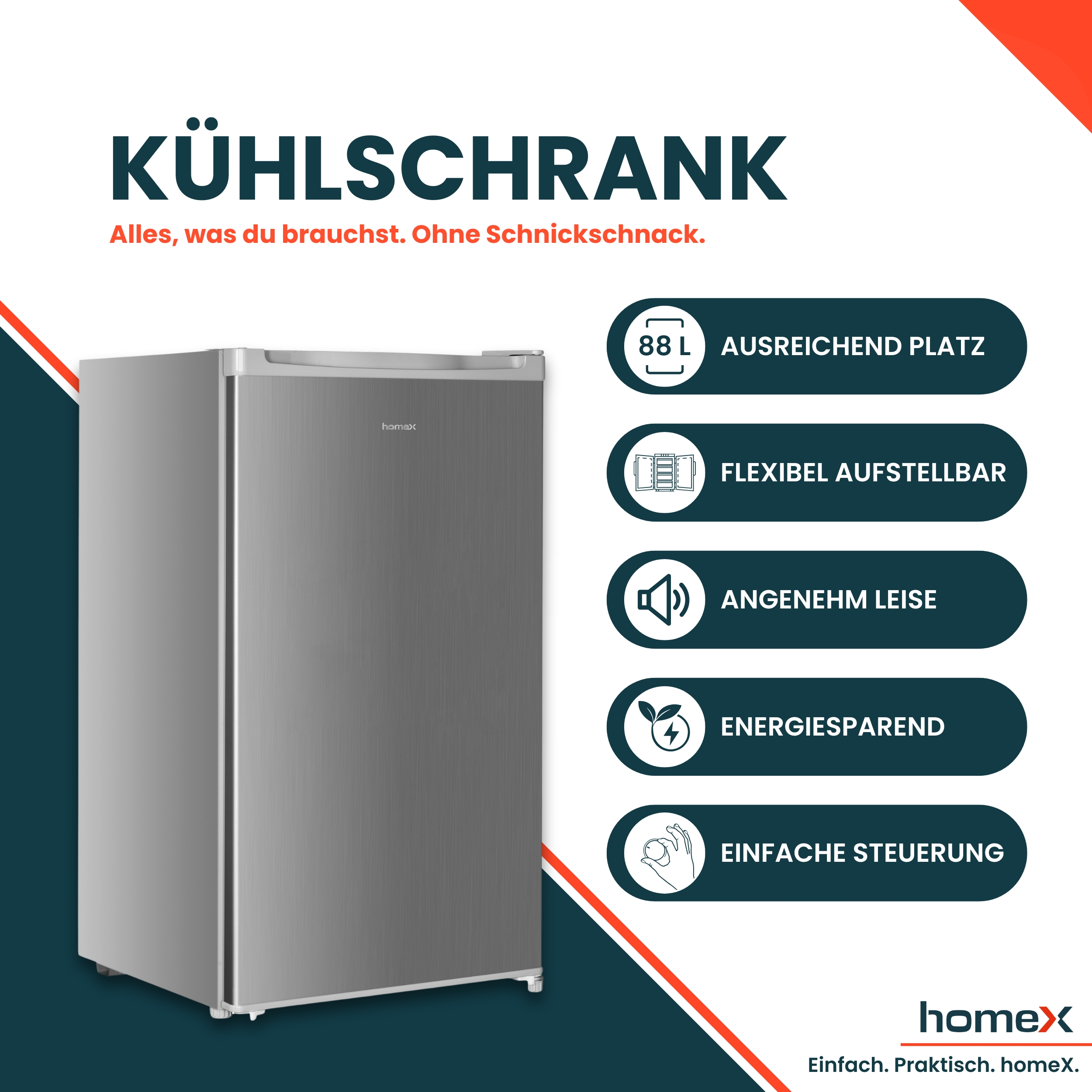 Ein silberner Kühlschrank mit Text: KÜHLSCHRANK, homeX-Logo und Icons. Er hat 88L Fassungsvermögen und ist energiesparend.
