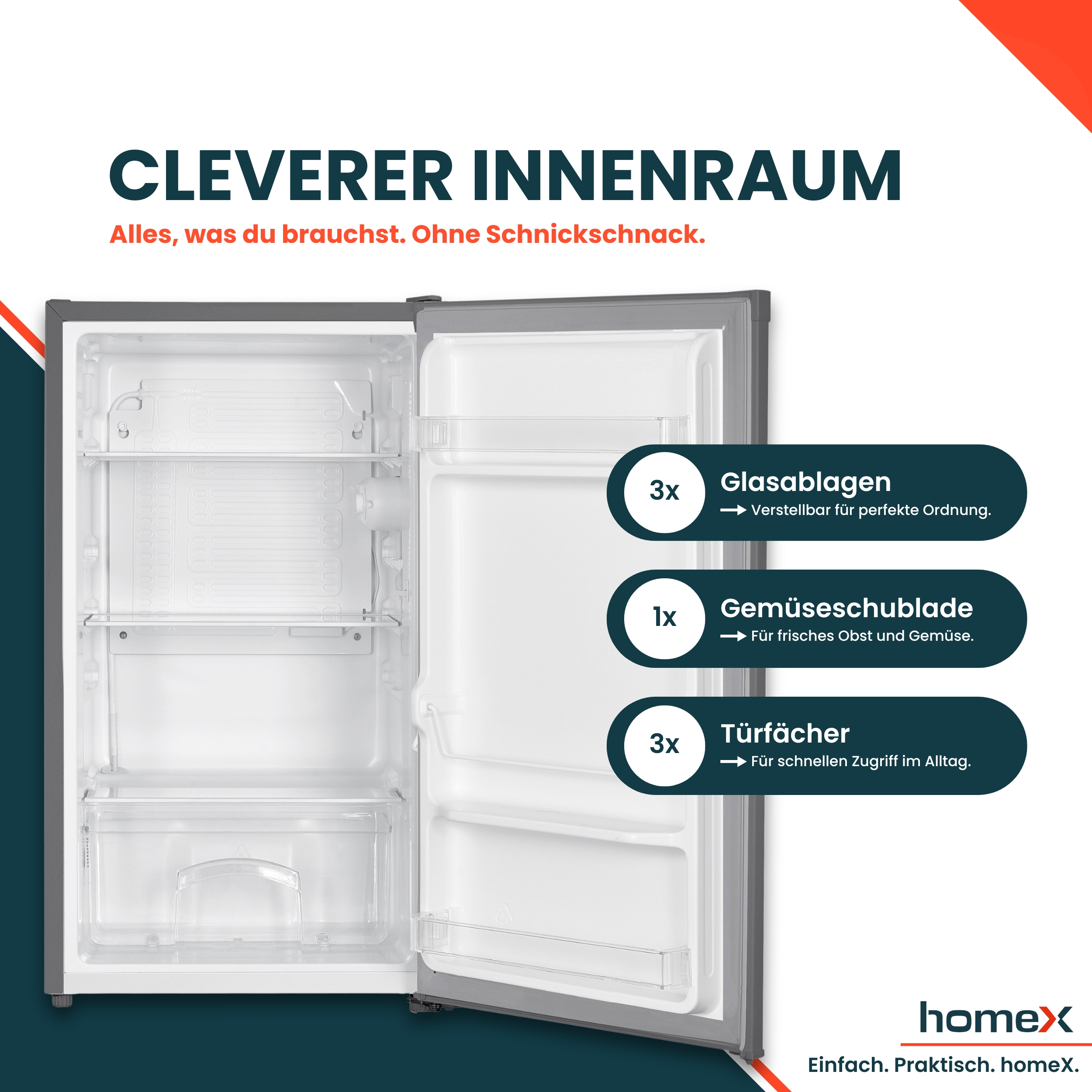 Offener Kühlschrank mit Regalen, Gemüseschublade und Türfächern. Text hebt Funktionen hervor. HomeX-Logo unten.