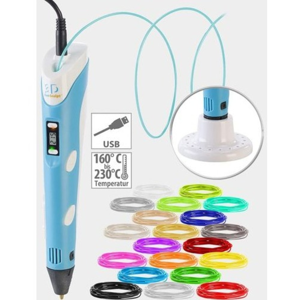Un bolígrafo 3D con diseño azul y blanco, con pantalla de temperatura, cable USB y filamentos de plástico de colores.