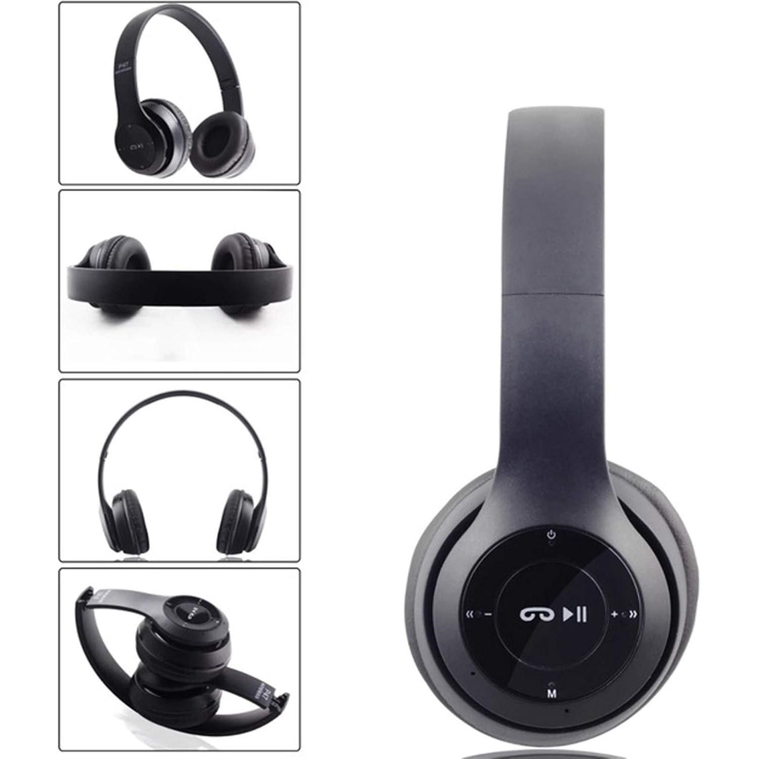 Se muestran auriculares inalámbricos negros con botones de control. Diferentes vistas muestran los auriculares plegados y desplegados.