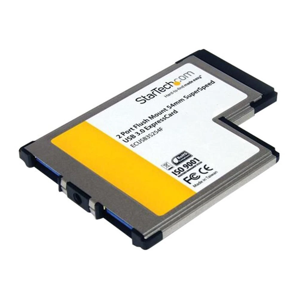 Una scheda ExpressCard USB 3.0 StarTech.com. È argentata e nera, con una striscia gialla e testo che indica le sue caratteristiche.