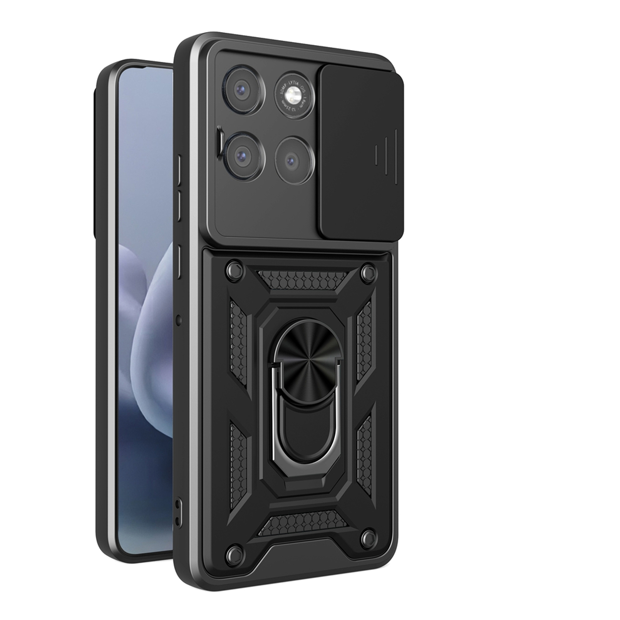 Een zwarte telefoonhoes met een ringhouder en camerahoes. Het telefoonscherm is links zichtbaar. De achtergrond is wit.