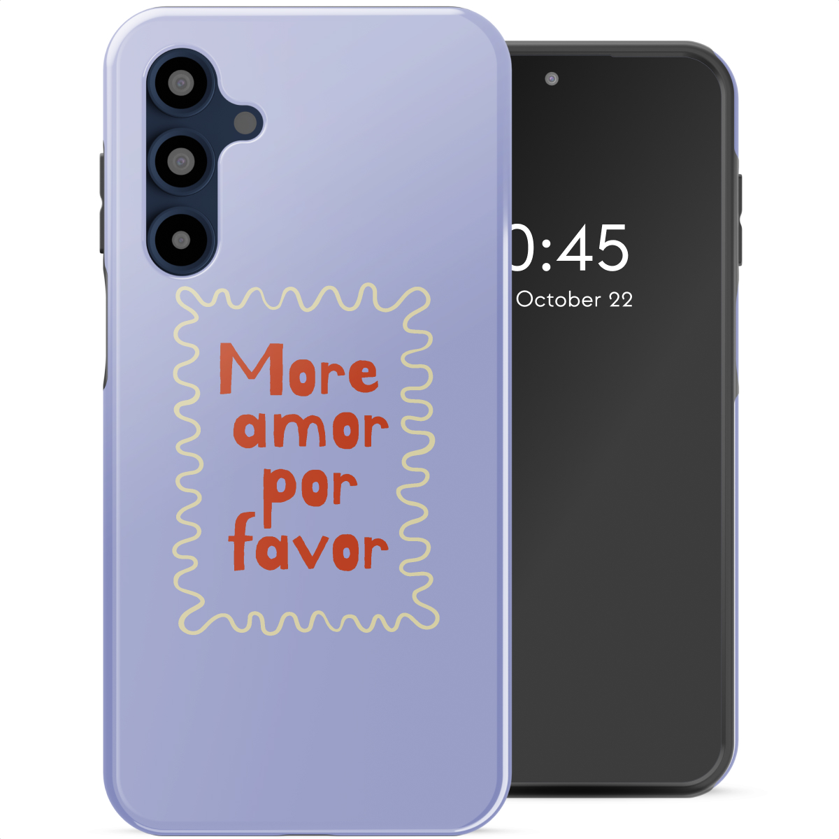 Un téléphone avec une coque violet clair disant 'More amor por favor' en lettres rouges. A côté, un téléphone noir affiche la date et l'heure.