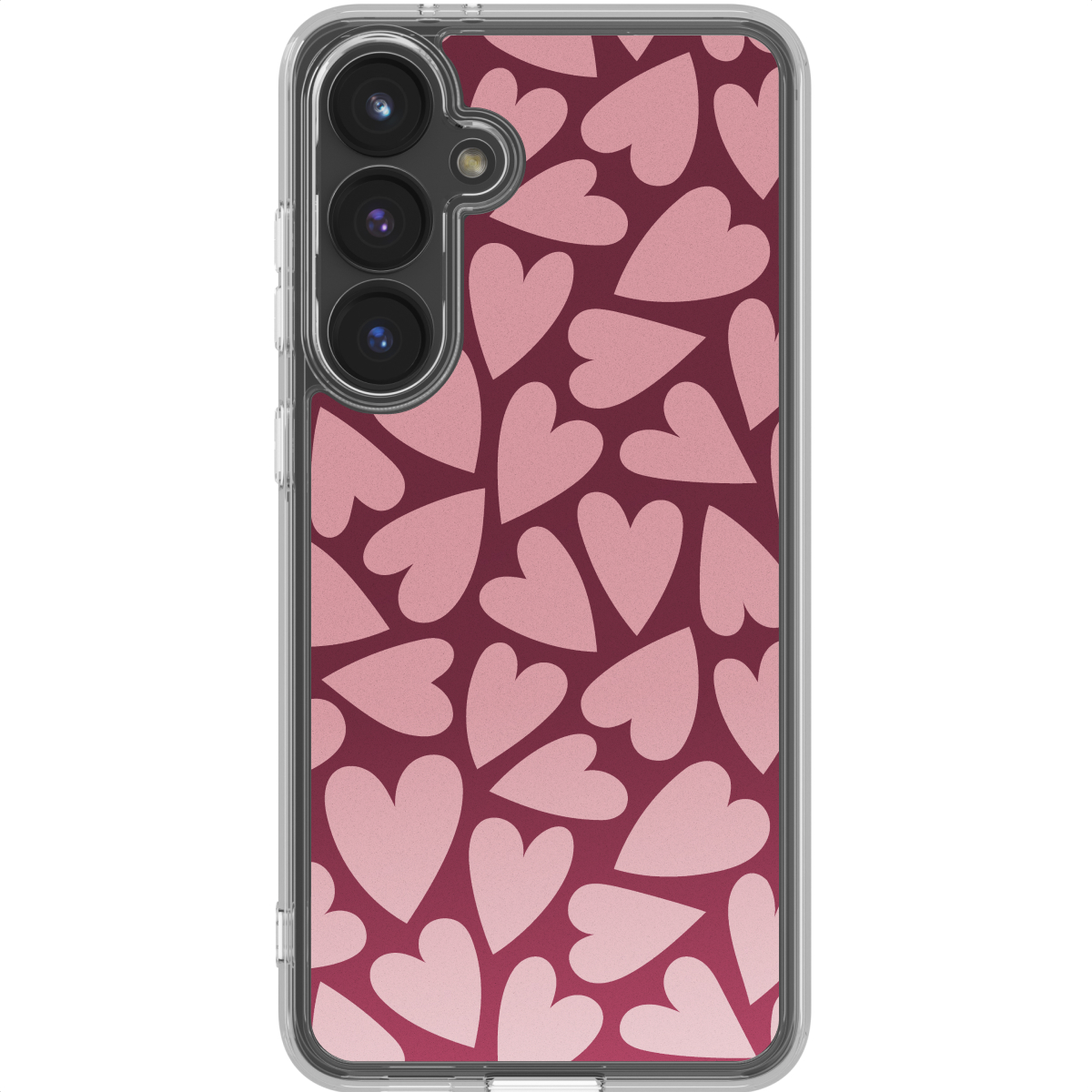 Une coque de smartphone avec un motif de cœurs roses sur un fond bordeaux. La coque a une bordure transparente et plusieurs lentilles de caméra.