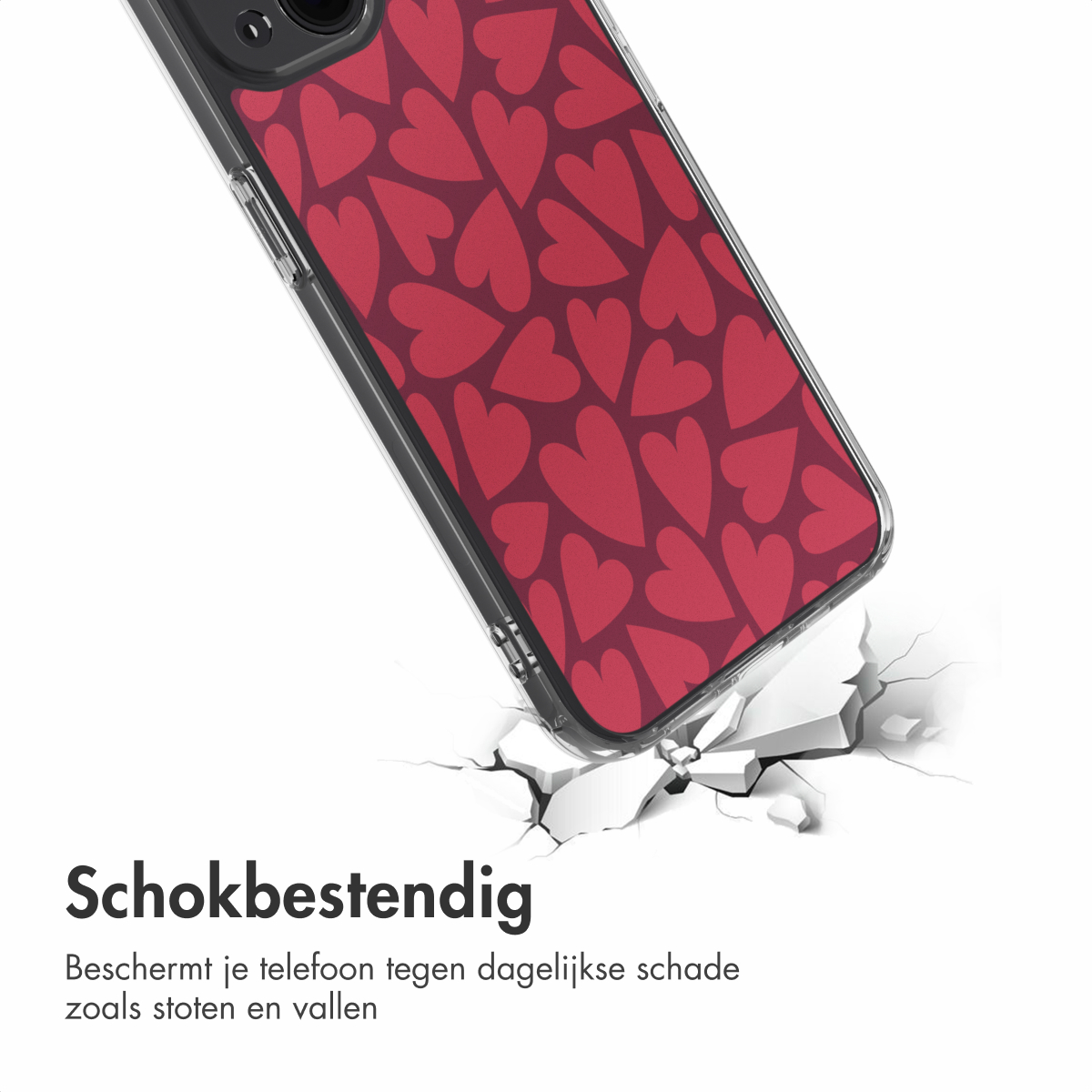 Custodia per telefono con motivo a cuori rossi. La custodia rompe una superficie. Il testo 'Schokbestendig' è visualizzato sotto.
