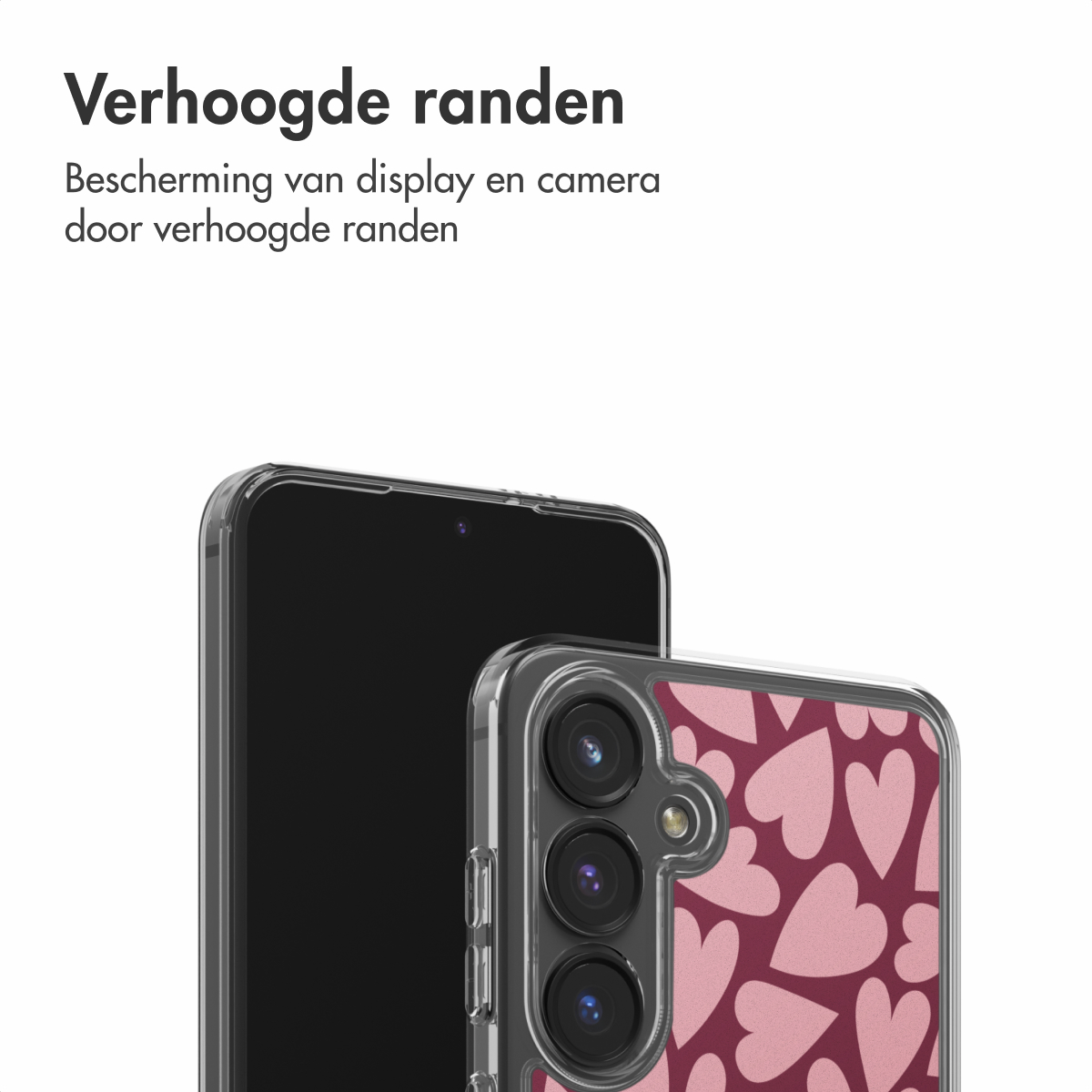 Due smartphone, uno con schermo scuro, l'altro con custodia a cuori rosa. Il testo in alto recita 'Verhoogde randen'.
