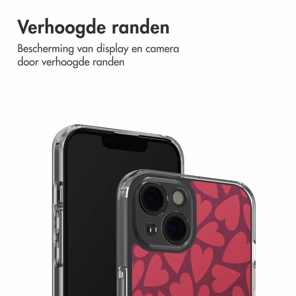 Due smartphone, uno con custodia rossa a forma di cuore. L'altro ha lo schermo nero. Testo: 'Bordi rialzati'.