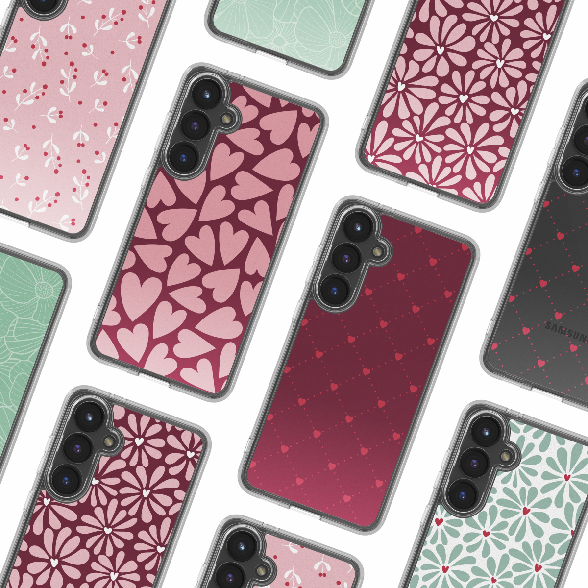 Plusieurs coques de téléphone avec différents motifs : cœurs, fleurs et feuilles, dans diverses couleurs comme le rose, le rouge et le vert, sur fond blanc.