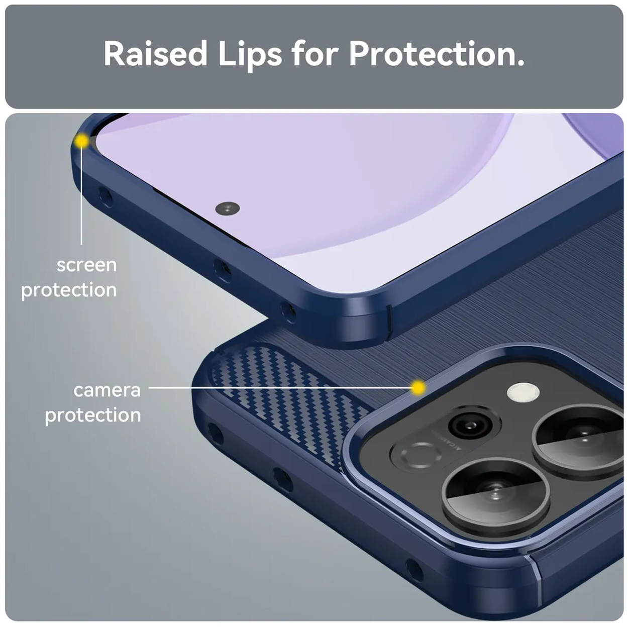 Close-up van een blauwe telefoonhoes met opstaande randen. De hoes heeft camera- en schermbescherming. Het telefoonscherm is zichtbaar.