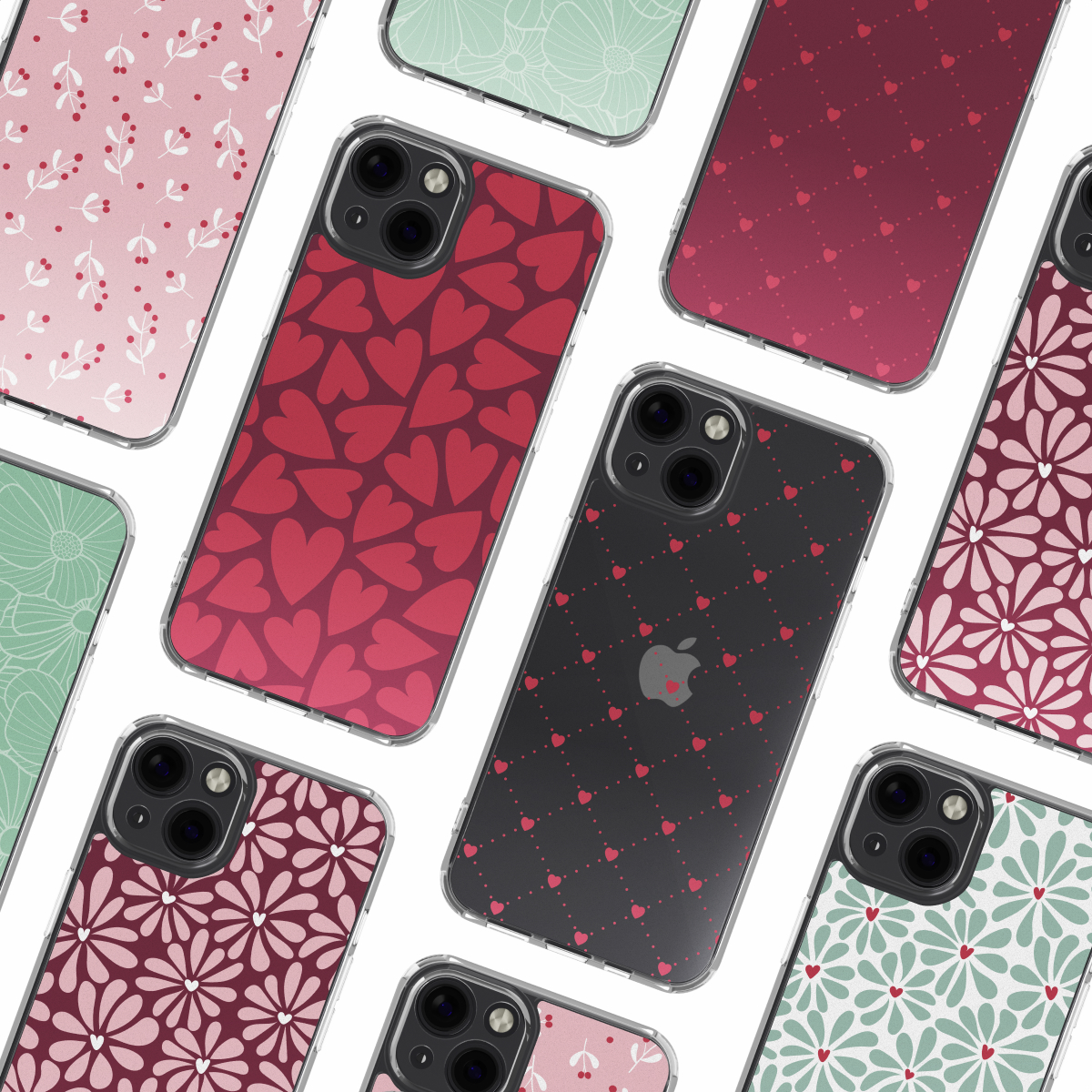 Collezione di custodie per telefoni con vari motivi tra cui cuori, fiori e punti. Sono visibili diversi colori, come il rosso e il rosa.