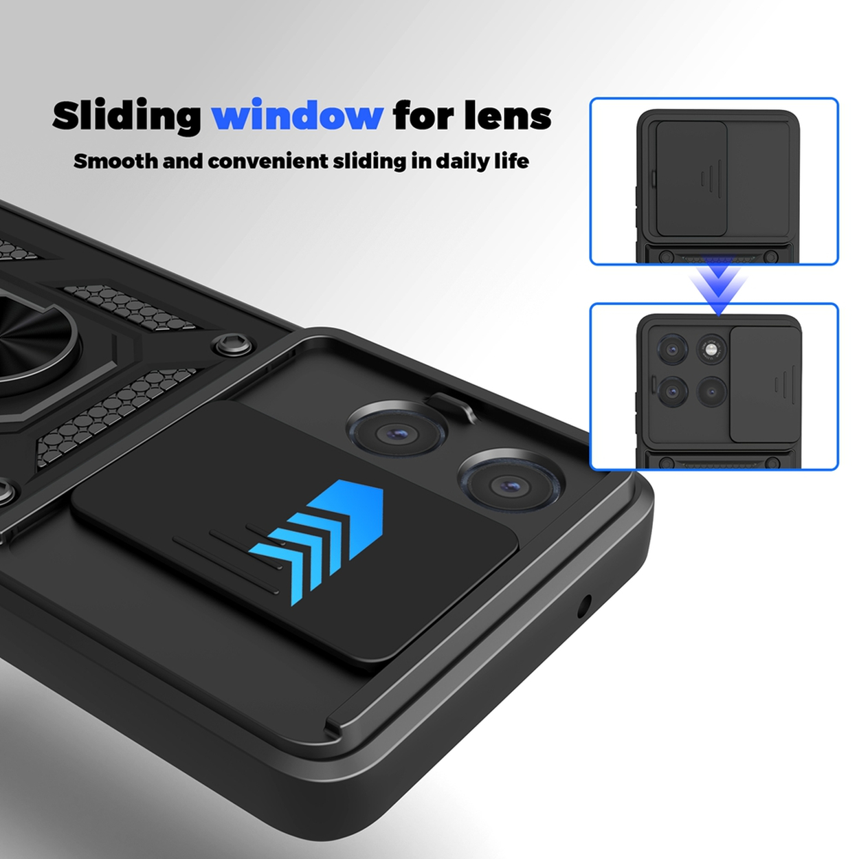 Zwarte telefoonhoes met een schuifbare camerahoes, blauw pijldesign en tekst over het schuifvenster voor de lens.
