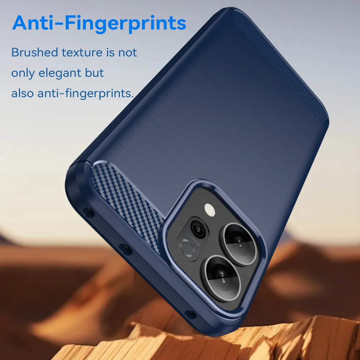 Een blauwe telefoonhoes met geborstelde textuur en een camera. Tekst: Anti-vingerafdrukken. De geborstelde textuur is elegant en anti-vingerafdrukken.