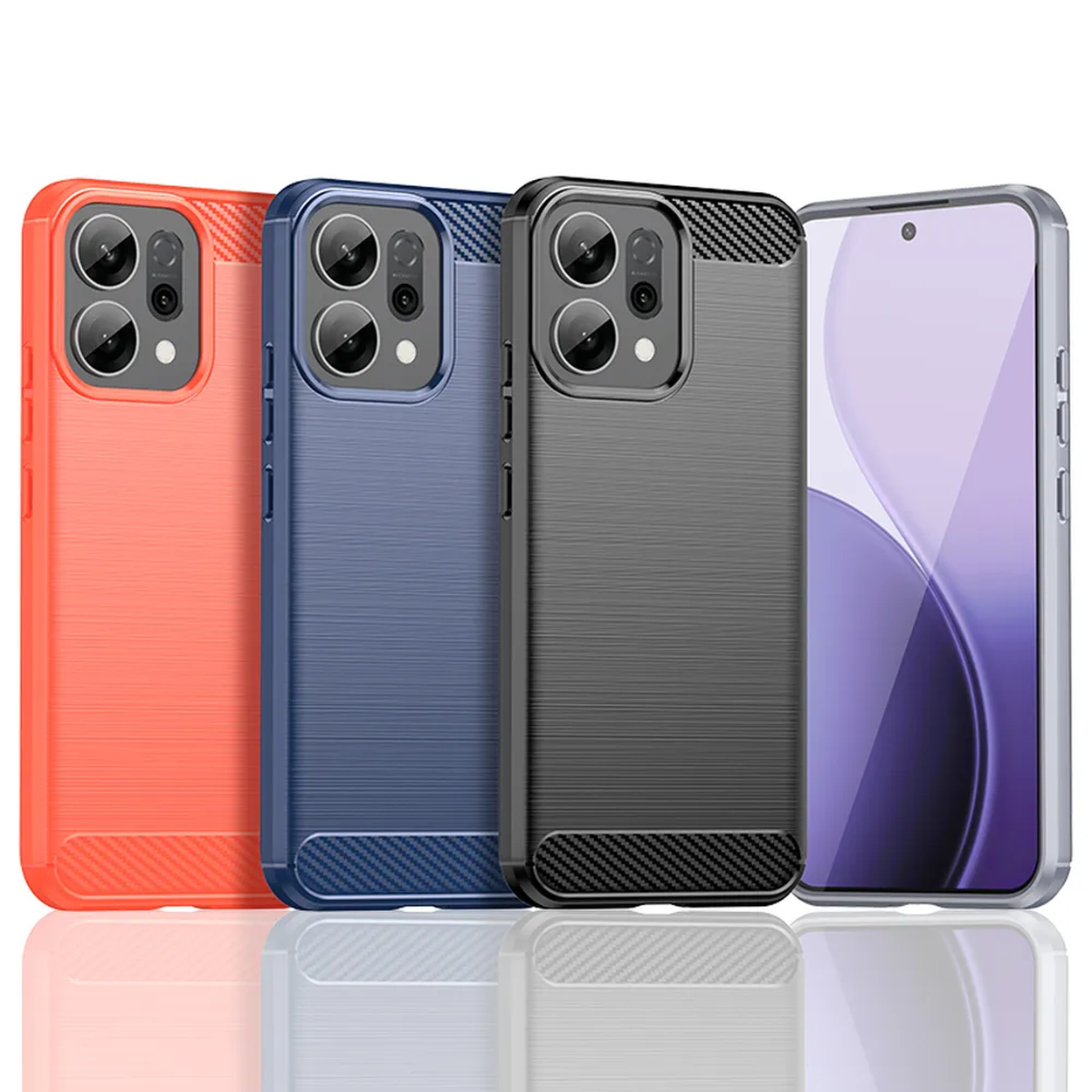 Vier kleurrijke telefoonhoesjes: rood, blauw, zwart en een telefoon met een lila scherm. Hoesjes hebben camera-uitsparingen en getextureerde achterkanten.