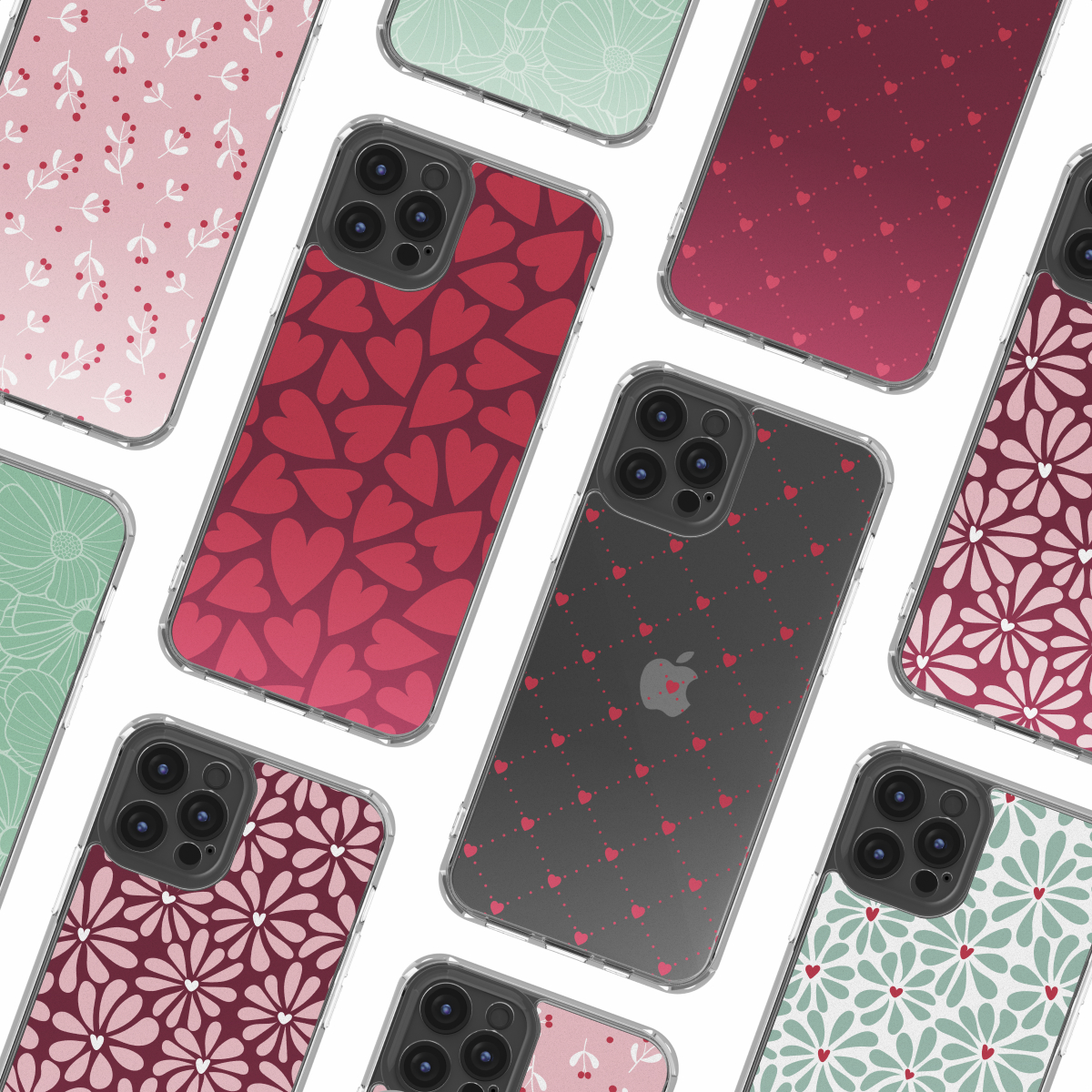 Collezione di custodie per iPhone in vari colori e motivi, tra cui cuori, fiori e pois. Le custodie sono su sfondo bianco.