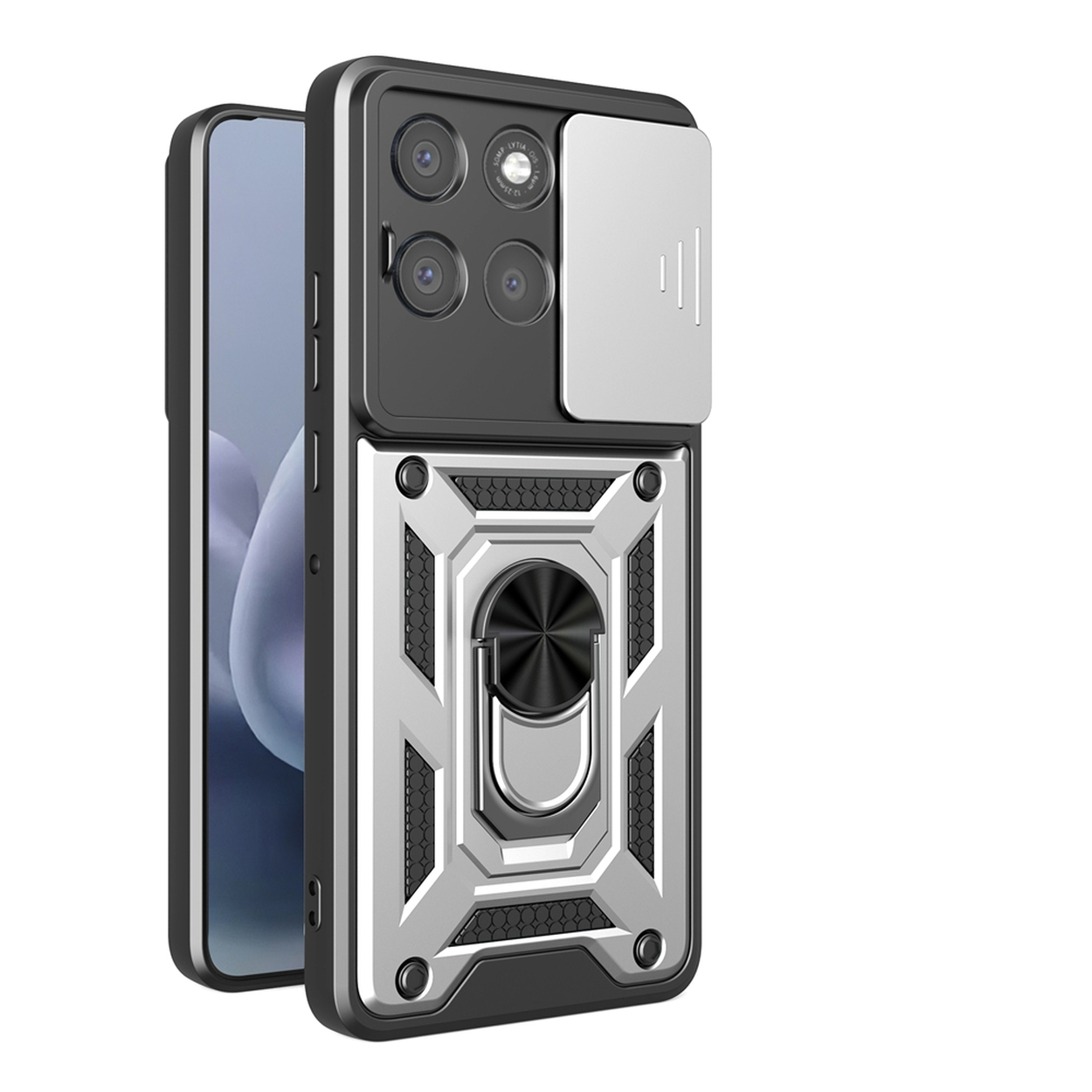 Een telefoon met een beschermhoesje. De hoes is zwart en zilver met een ringhouder. Het telefoonscherm is zichtbaar.