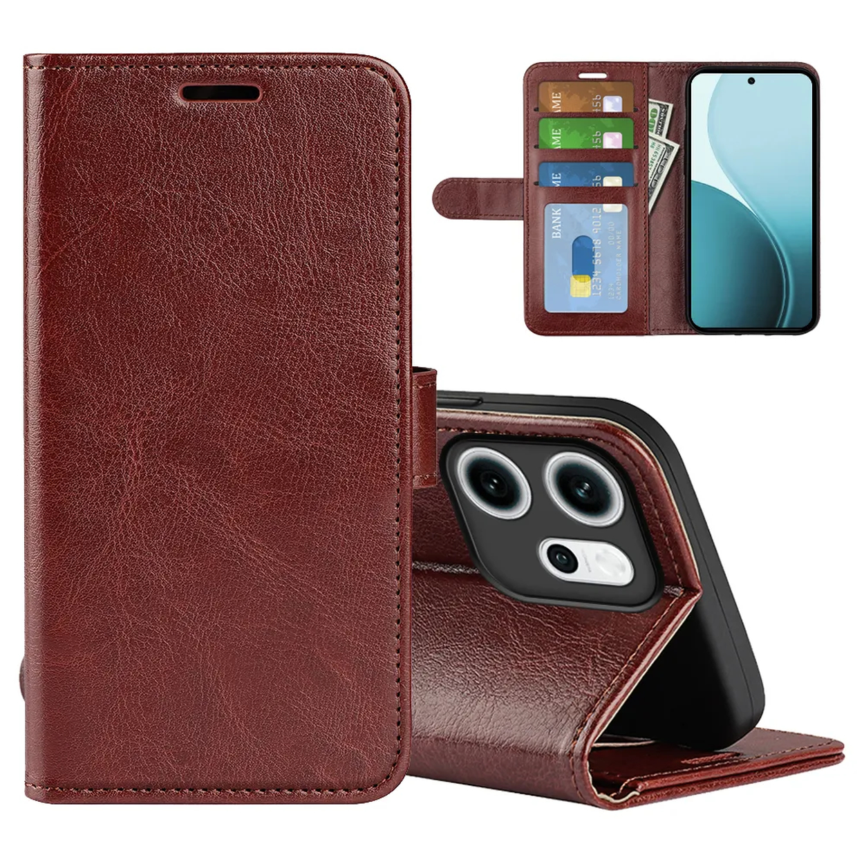 Un étui de téléphone en cuir marron, ouvert pour afficher un téléphone, des cartes et de l'argent. L'étui est de style portefeuille, avec une fermeture magnétique.