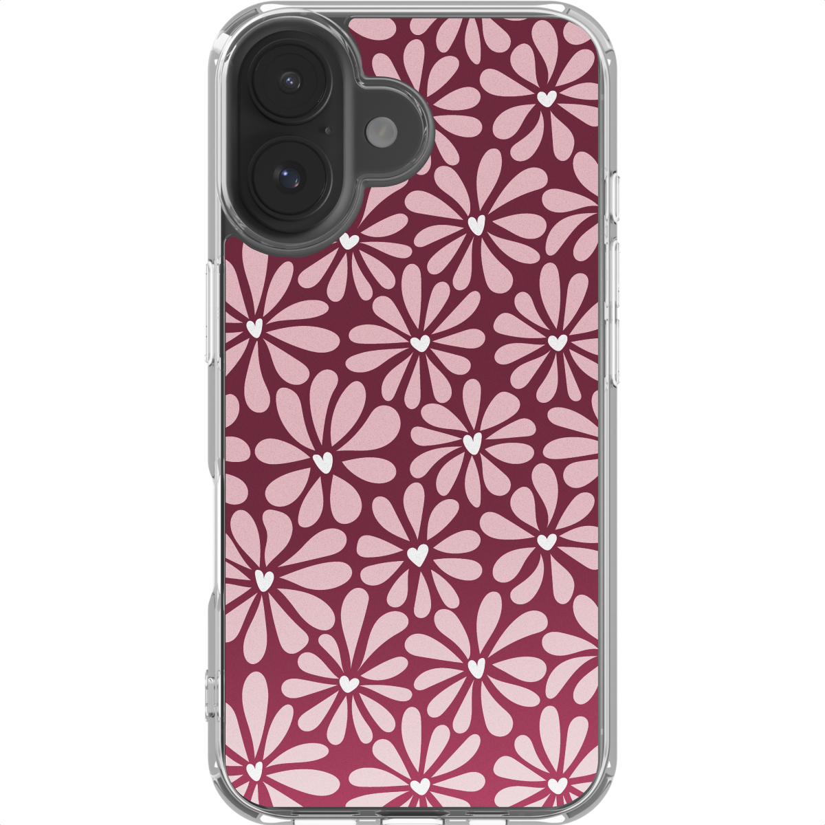 Transparante telefoonhoes met een patroon van roze bloemen met witte hartjes op een bordeauxrode achtergrond.
