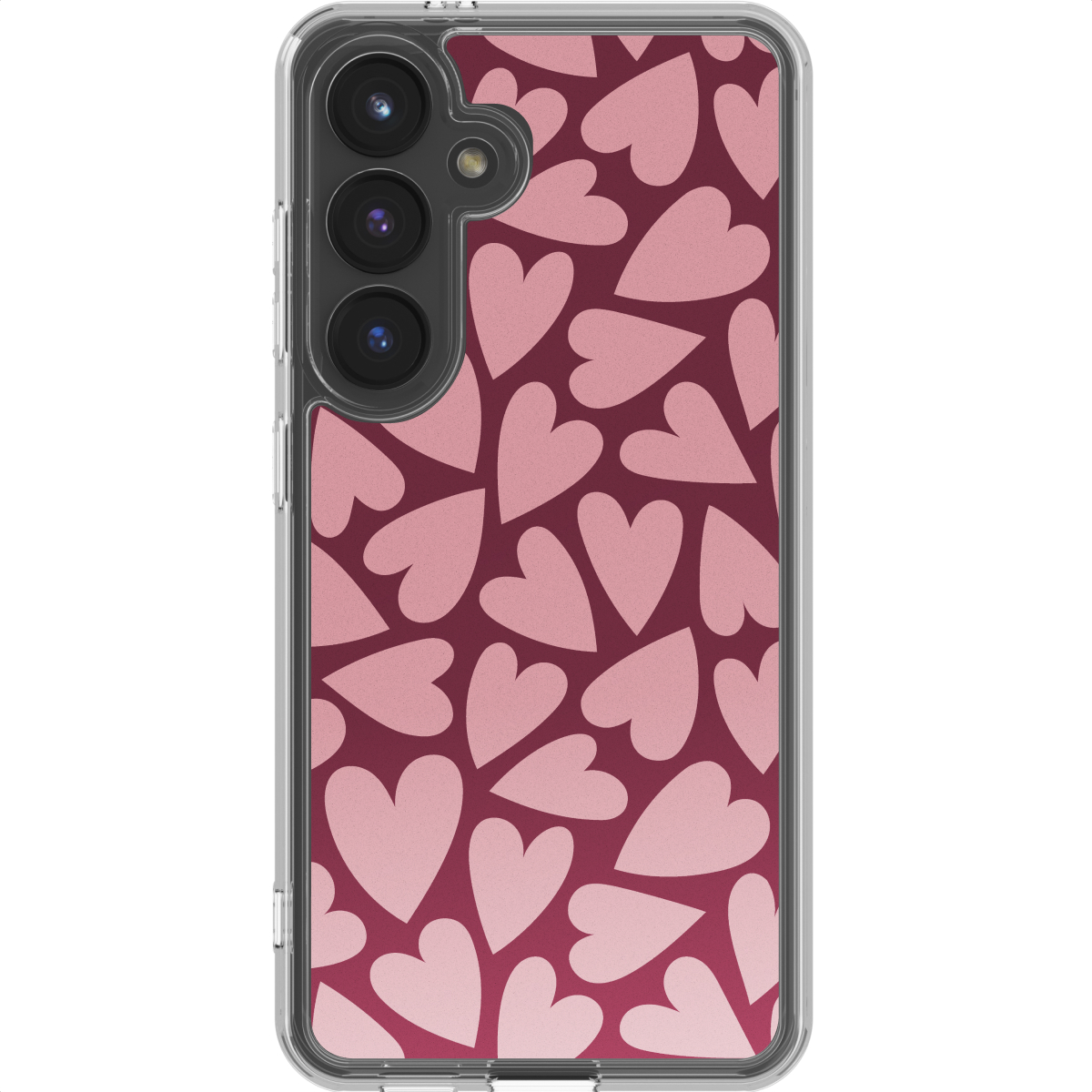 Una custodia per telefono con un motivo di cuori rosa su sfondo bordeaux. Il telefono stesso è visibile a sinistra.
