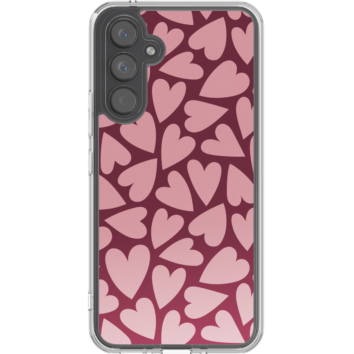 Une coque de téléphone avec un motif de cœurs roses sur fond rouge foncé. Le téléphone a une caméra sur le côté.