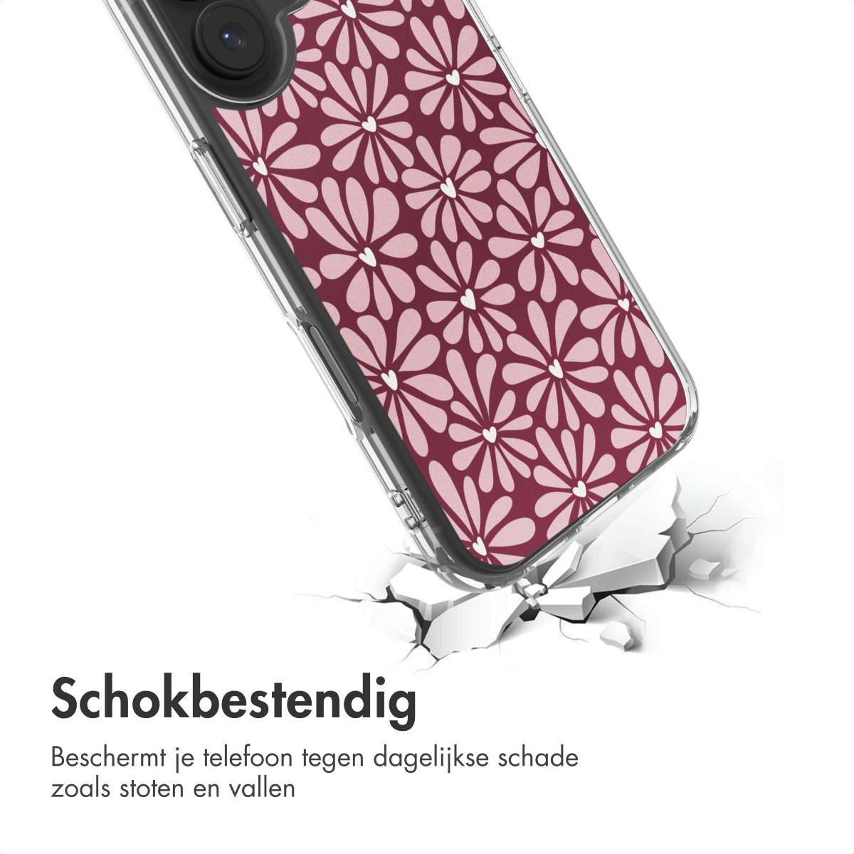 Een telefoonhoesje met een bloemenpatroon wordt getoond, rustend op gebroken wit beton. De hoes is transparant met een bordeauxrode en roze bloemenprint.