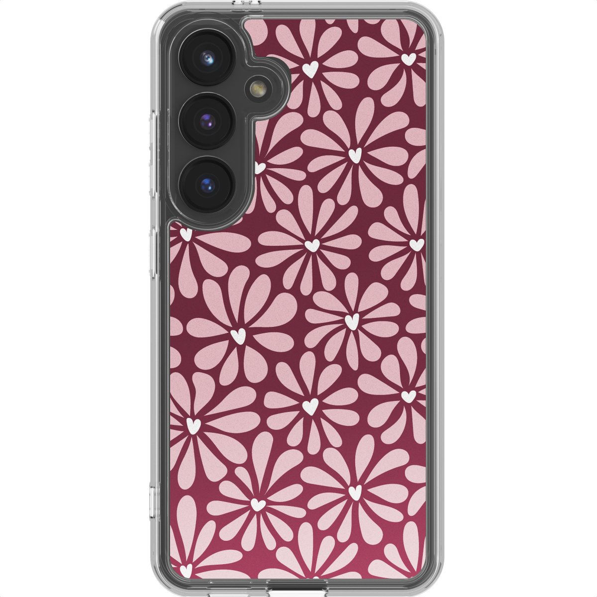 Een telefoonhoesje met een bloemenpatroon. Het ontwerp heeft roze bloemen met witte hartcentra op een donkerrode achtergrond.