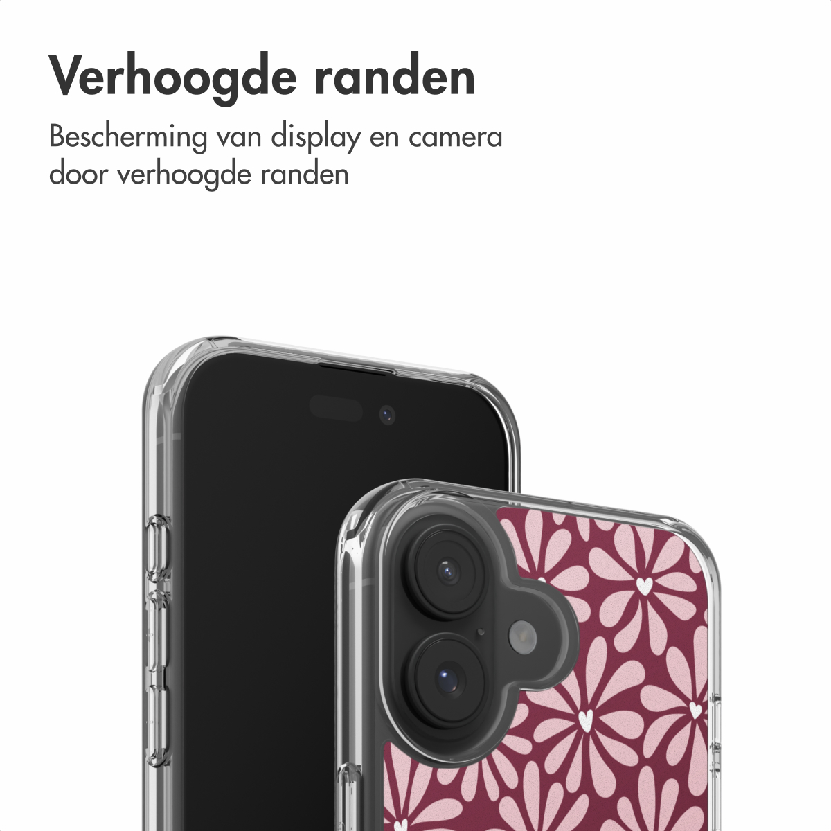 Twee smartphones in transparante hoesjes. Eén heeft een bloemenpatroon. De bovenste telefoon heeft een zwart scherm. Witte achtergrond.