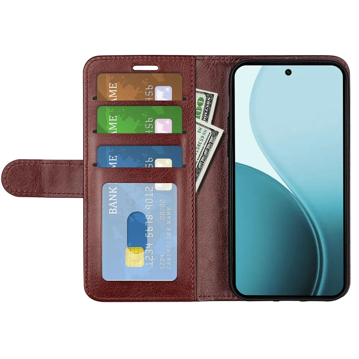 Étui de téléphone en cuir marron ouvert, avec cartes de crédit, espèces et un smartphone visible.