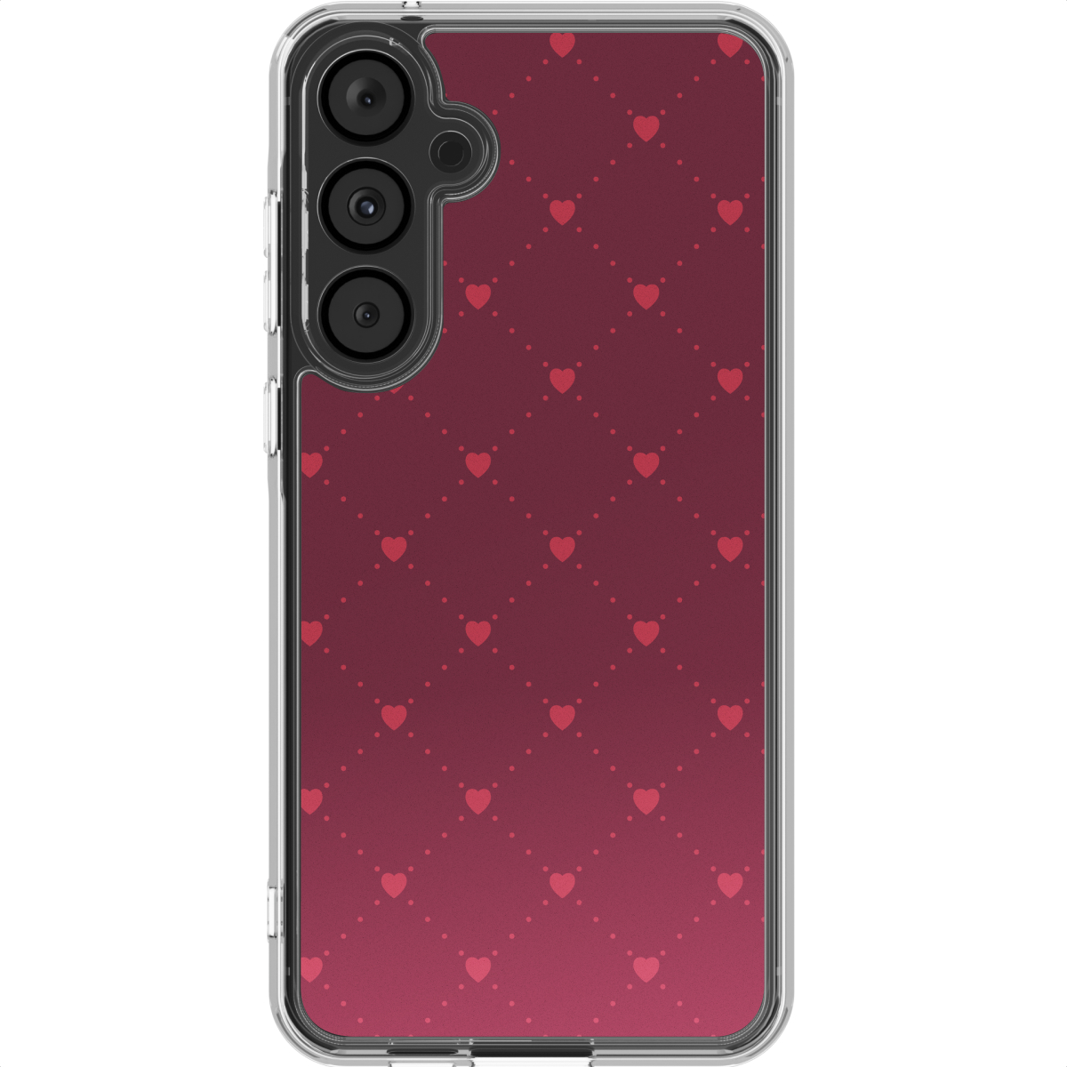 Une coque de téléphone avec un cadre transparent et un motif de coeurs rouges sur fond dégradé rouge. Les lentilles de la caméra sont visibles.