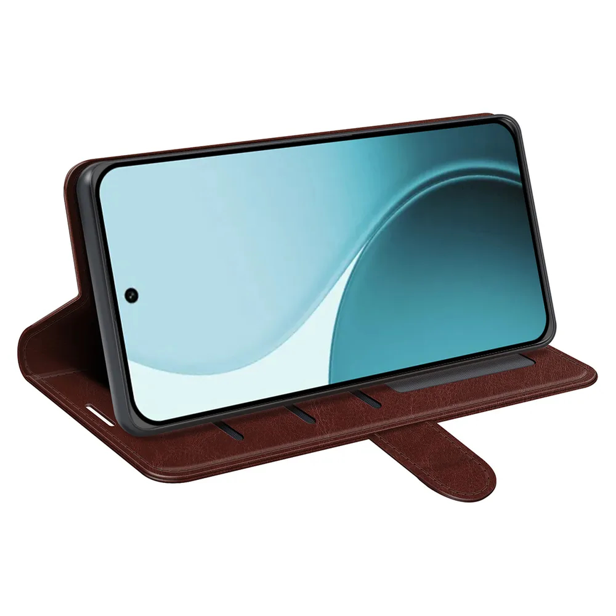 Smartphone dans un étui en cuir marron, écran affichant un dégradé bleu et blanc. L'étui est ouvert, le téléphone est soutenu. Fond blanc.