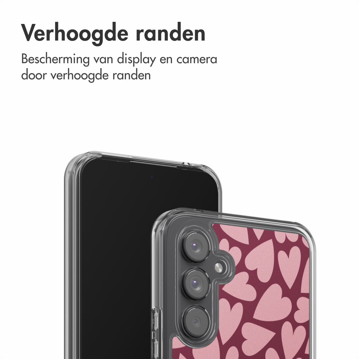 Deux smartphones avec étuis. Un noir, l'autre avec un motif de cœur rose, tous deux avec des bords de protection transparents.