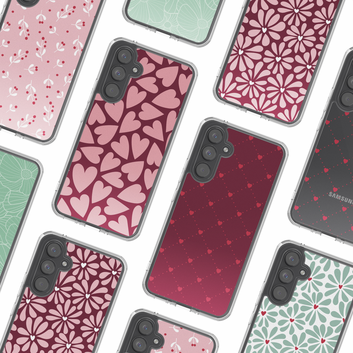Collection d'étuis de téléphone avec divers motifs. Motifs de cœurs, fleurs et floraux en rose, rouge et vert sur fond blanc.