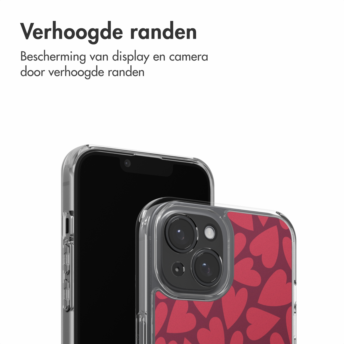 Twee smartphones, één met een rode hartpatroonhoes. Transparante hoes toont verhoogde randen voor scherm- en camerabescherming.
