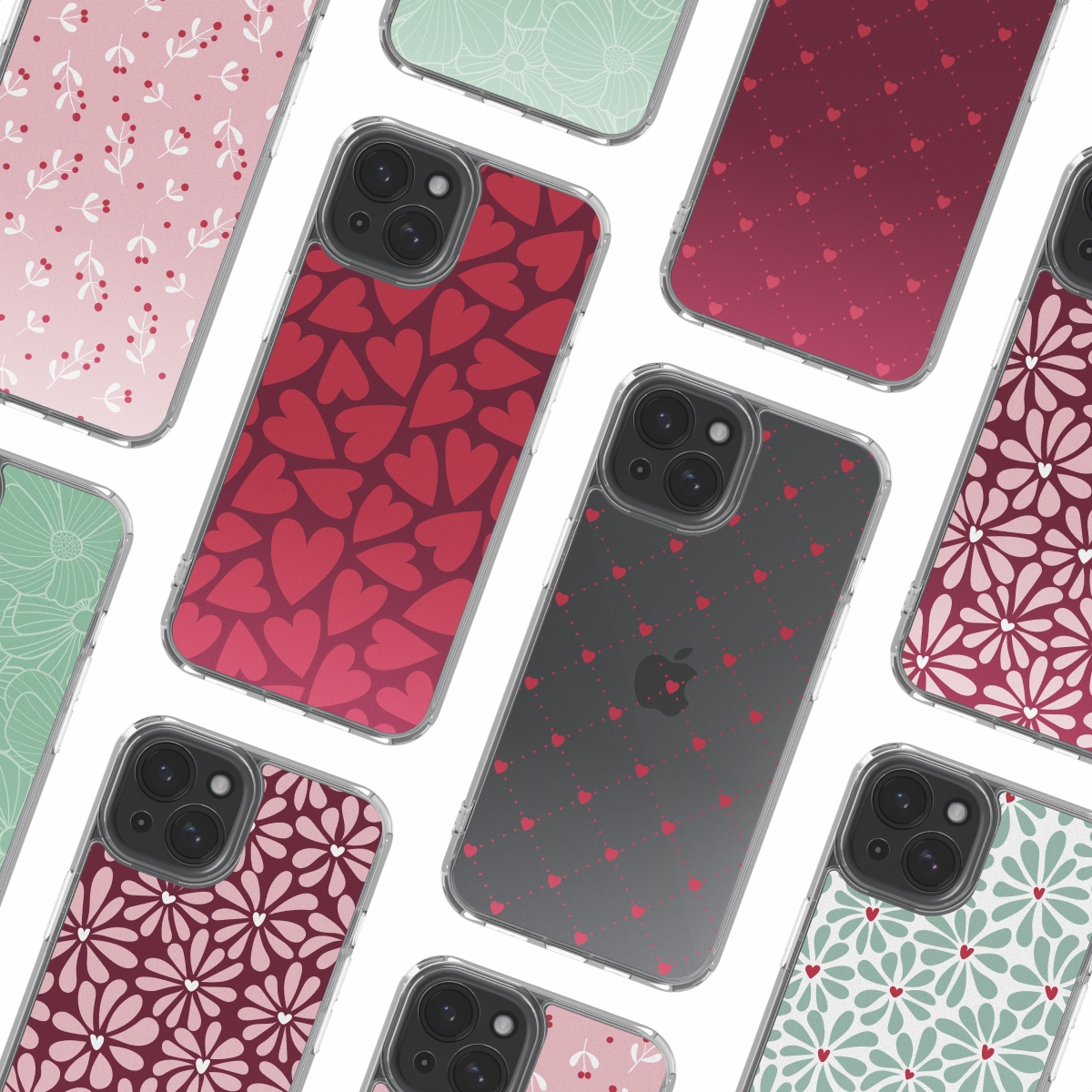 Verschillende iPhone-hoesjes met diverse patronen, waaronder harten, bloemen en bladeren, worden getoond tegen een witte achtergrond.
