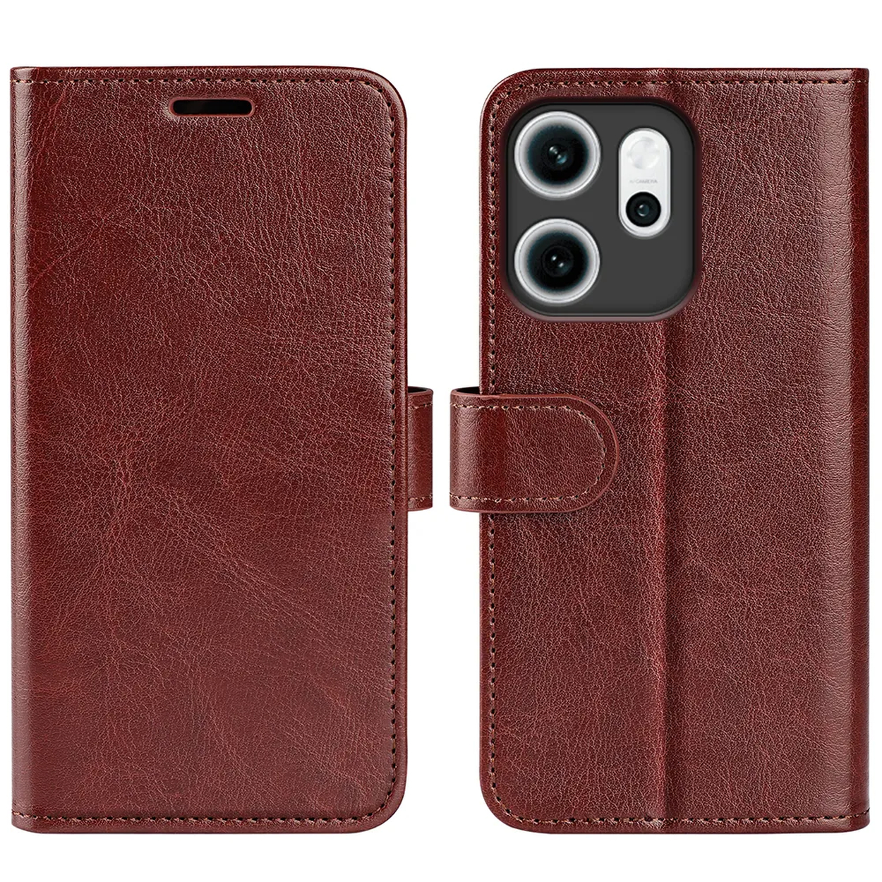 Étui de téléphone en cuir marron, ouvert. Le côté droit comporte une découpe pour l'appareil photo. Le côté gauche est le rabat avec fermeture magnétique.