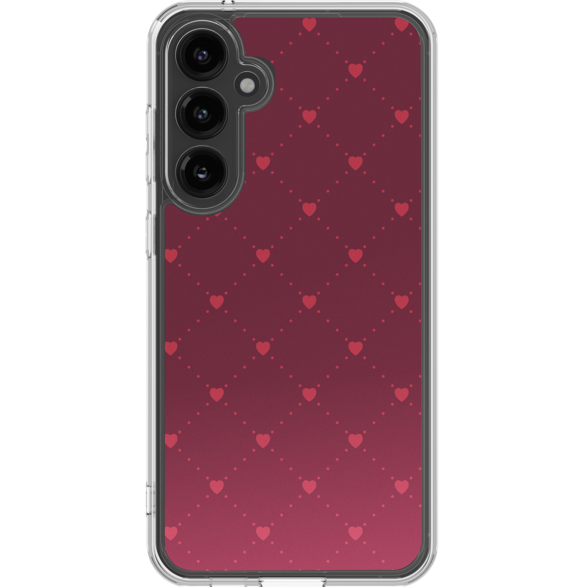 Una custodia per telefono con un motivo a cuore rosso su uno sfondo sfumato. Il telefono ha più fotocamere.