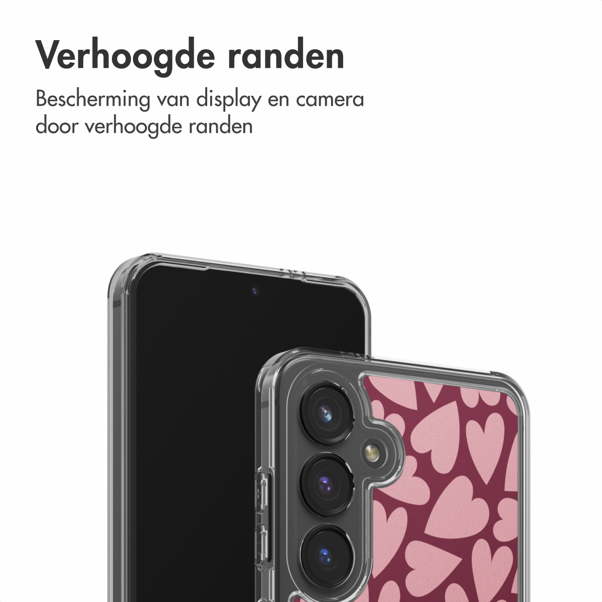 Uno smartphone con custodia trasparente, con cuori rosa su sfondo rosso scuro, testo in alto.