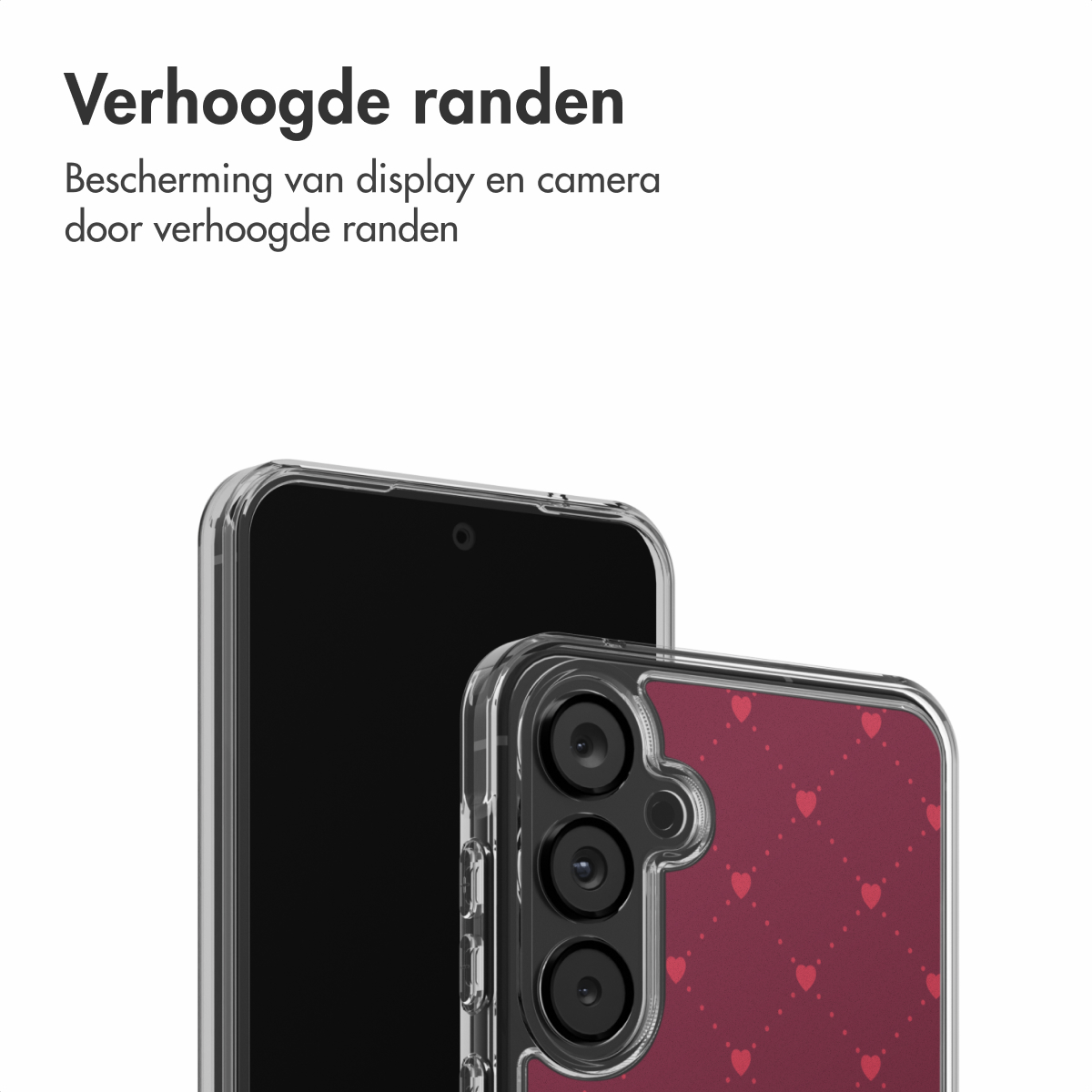 Deux smartphones, un avec écran et coque transparente. L'autre a une coque bordeaux avec des coeurs rouges.