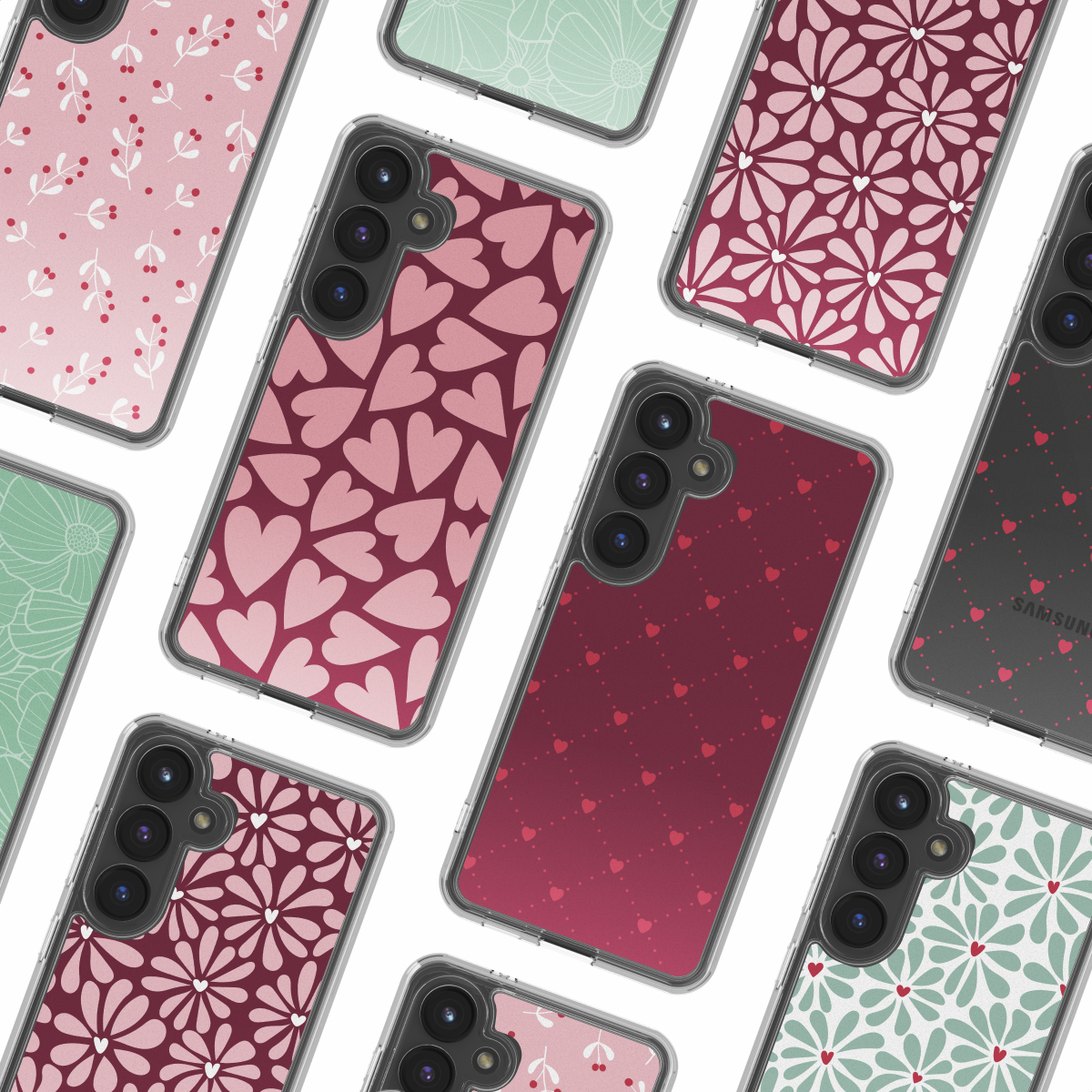 Primo piano di custodie per telefoni. Hanno vari disegni, tra cui cuori, fiori e foglie. Le custodie sono rosa, rosse e verdi su sfondo bianco.